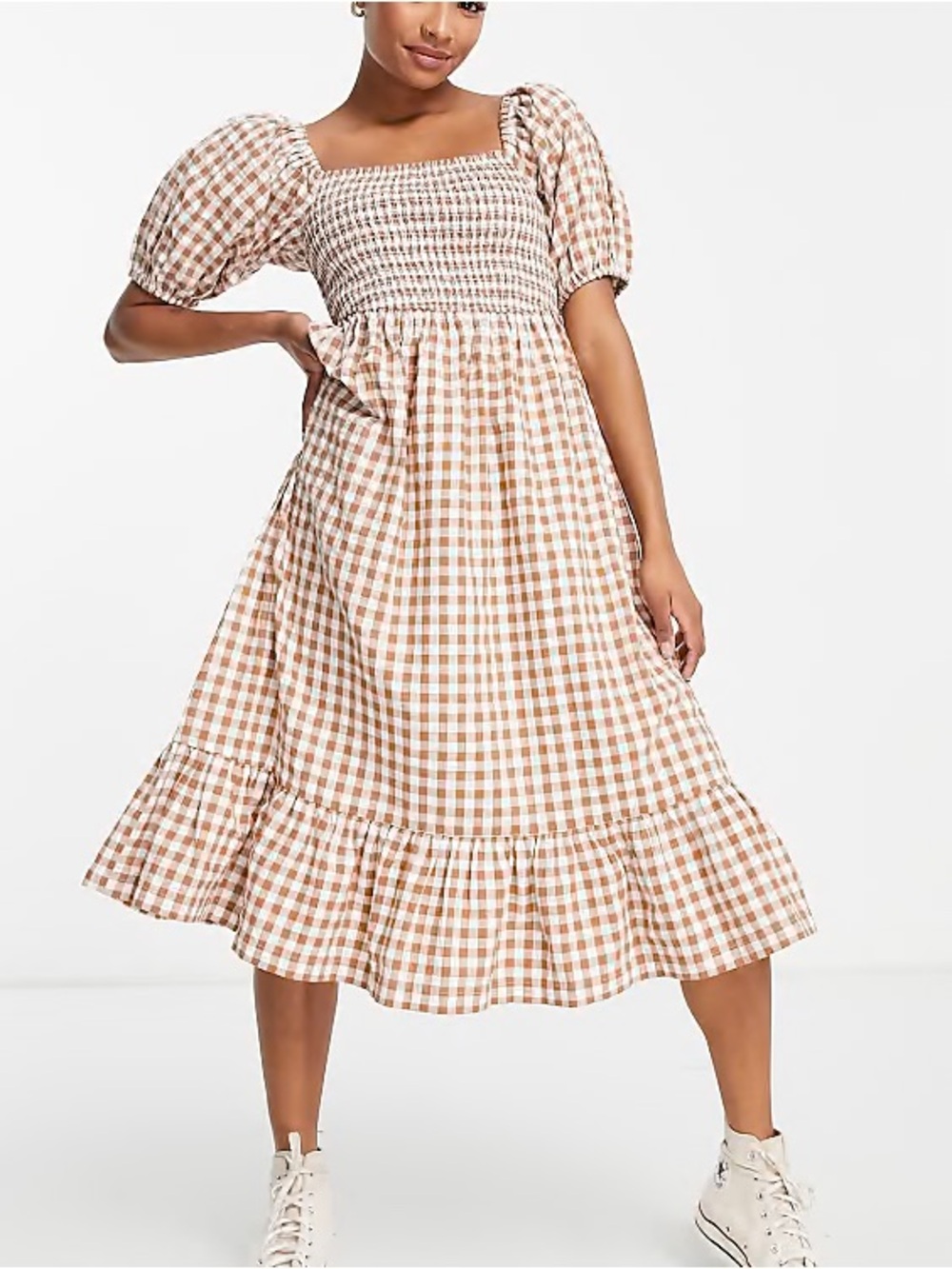 ASOS Beige and White Gingham Smocked Midi Dress